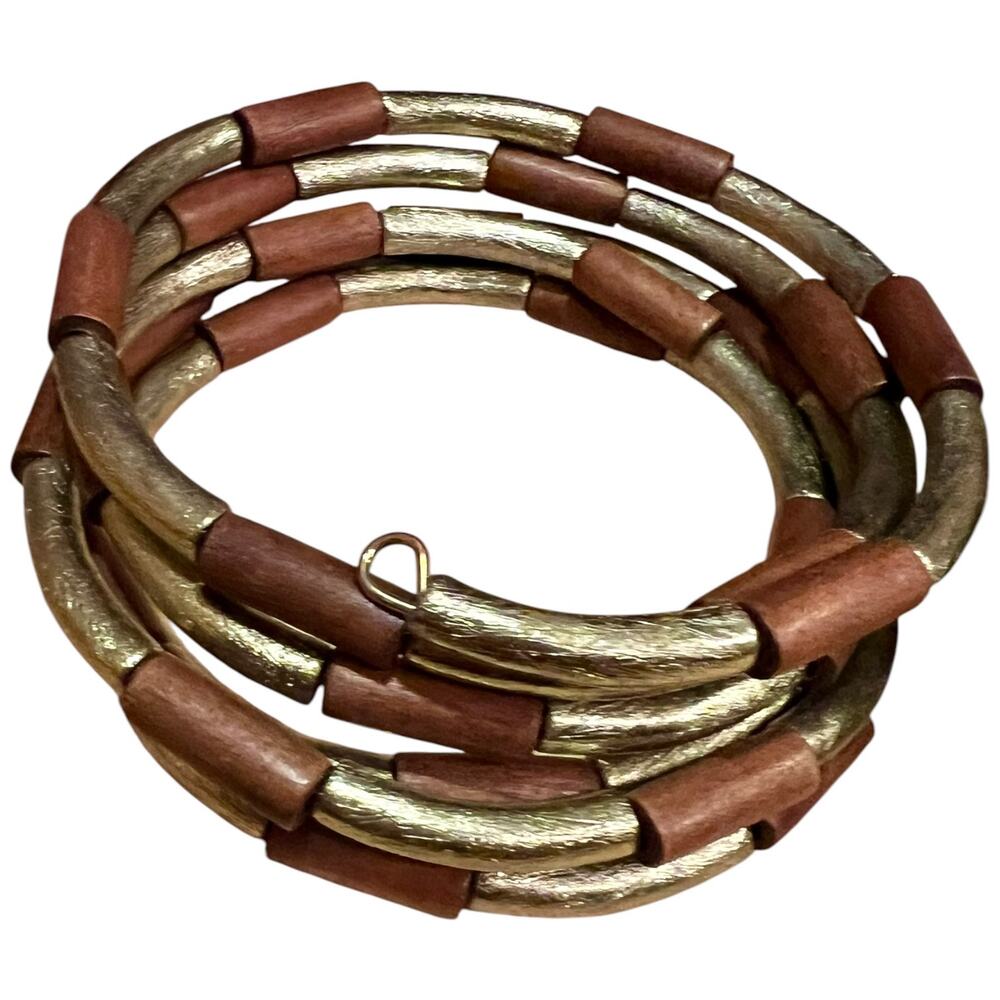 Wood & Gold Painted Multi Strand Spiral Wrap Bracelet Plus Size Boho